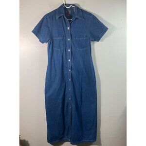 Womens Vintage Sun Belt Denim Button Maxi‎ Dress Short Sleeve S Cotton Pockets